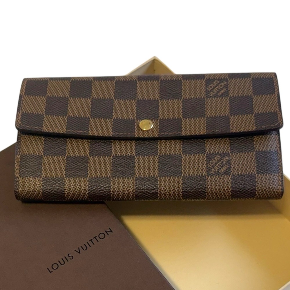 Authentic Louis Vuitton Damier Porte Feuille Sarah Long‎ Bifold Wallet Brown